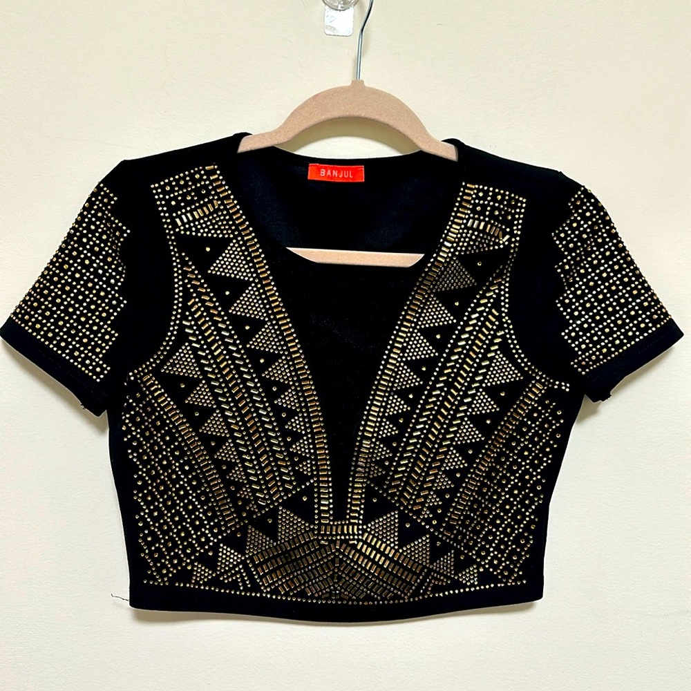 BANJUL Sequin black/gold Crop Top scoop neck  short sleeve size L